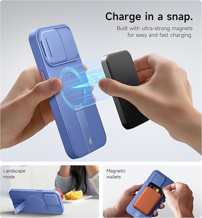 SURITCH for iPhone 15 Pro Max Case with Magnetic Camera Slide Cover and Adjustable Kickstand, Compatible with MagSafe, Shockproof Bumper Case Slim Protective Cover 6.7 Inch, Starlight Blue