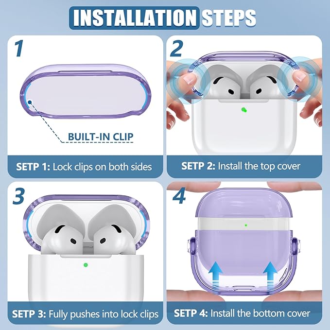 Safety Lock for Airpods 4 Case,TPU Clear Case for Apple Airpods 4 Case 2024 USB-C with Cleaner Kit, Drop Protection Airpods 4 Case Cover for Men for Women with Lock and Keychain, Clear Purple