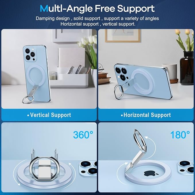 Blue Ergonomic Phone Ring Holder iPhone 11 12 13 14 15 16 17 Pro Max Magnetic Wireless Charging 360° Rotation Anti-Slip Grip Adjustable Kickstand Samsung Galaxy Pixel Foldable Secure Finger Loop