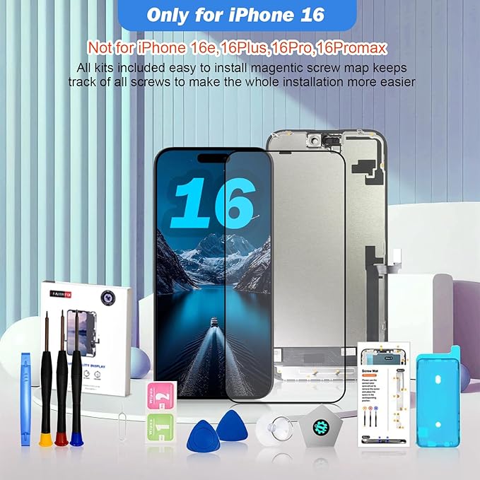 EFAITHFIX for iPhone 16 Screen Replacement 6.1 Inch LCD COF Screen 3D Touch Display Full HD Digitizer Frame Assembly (A3081,A3286,A3287,A3288) with Repair Tool Kit Screen Protector Waterproof Adhesive