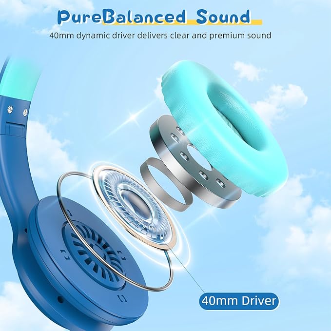 Kids Bluetooth 6.0 Headphones with LED Light, 85Hours Playtimes, Type-C Fast Charging, 85/94dB Volume Limited, Comfort Wireless Headphones with Built-in Mic, Wired & TF Card Mode, Blue