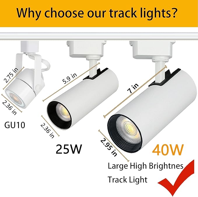 White Track Light Heads,6pcs 4000K Natural Light Adjustable Angle Track Lights,Extra Large Size High Brightness, 40W 3200lm H Track Light Heads, Suitable for H-Type 3-Wire Track Rails