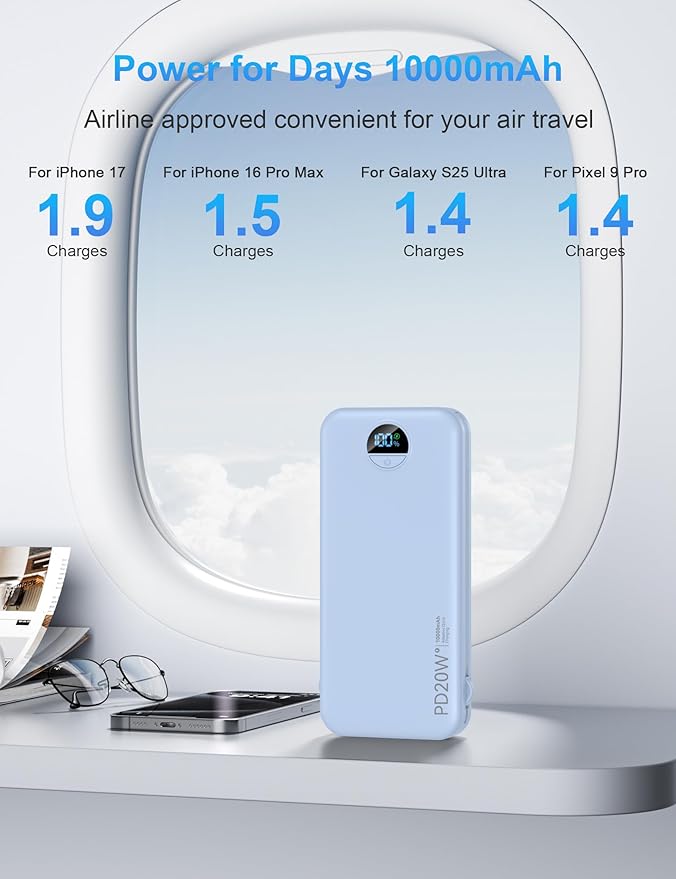 Portable Charger with Wall Plug, 10000mAh USB C Power Bank Fast Charging, External Battery Pack with Built in Cables, Digital Display, 5 Output 4 Input for iPhone Android Cell Phone Tablet