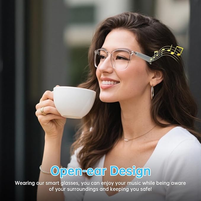 Smart Glasses for Women, Clear Frame Blue Light Glasses, Magnetic Charging, Open-Ear Design, Voice Assistant, Bluetooth Glasses with Speakers, Audio Eyeglasses for Working Gaming (GS03-C)