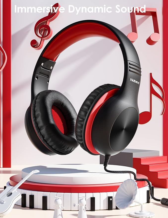 Headphones for Kids for School, Kids Headphones with Microphone, Sharing Function, 85dB/94dB Safe Volume Limit, HD Sound, Over Ear Kid Headphone for School, On-line Study, Travel, Red