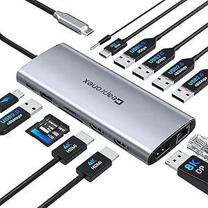 USB C Docking Station 14 in 1 with 2 HDMI 4K + DP 8K 3 Monitors Triple Display for Laptop,/MacBook Pro/Air/HP/DELL/Lenovo, USB C Hub Dongle Dock with USB 3.0, RJ45,100W PD, SD/TF, Audio/Mic - Image 1
