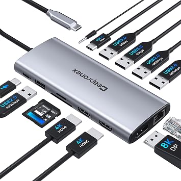 USB C Docking Station 14 in 1 with 2 HDMI 4K + DP 8K 3 Monitors Triple Display for Laptop,/MacBook Pro/Air/HP/DELL/Lenovo, USB C Hub Dongle Dock with USB 3.0, RJ45,100W PD, SD/TF, Audio/Mic - Image 2
