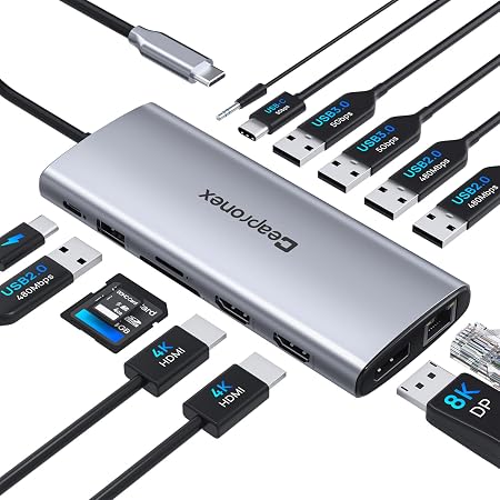 USB C Docking Station 14 in 1 with 2 HDMI 4K + DP 8K 3 Monitors Triple Display for Laptop,/MacBook Pro/Air/HP/DELL/Lenovo, USB C Hub Dongle Dock with USB 3.0, RJ45,100W PD, SD/TF, Audio/Mic - Image 3