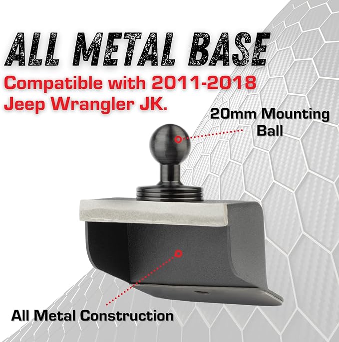 Bulletpoint Dash Mount Cell Phone Holder Compatible with 2011-2018 Jeep Wrangler JK JKU 20mm Ball Mount (Single Ball Metal Base with Phone Holder)