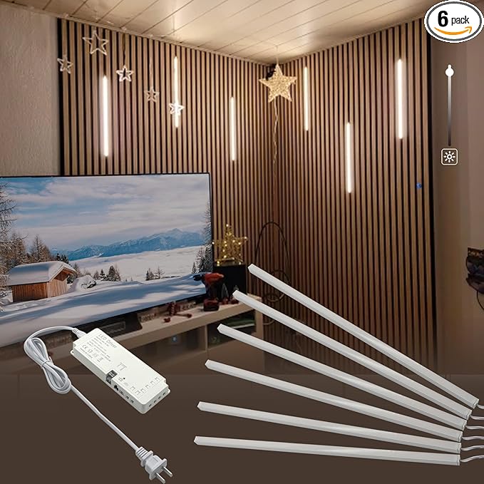 HAMRVL Wood Slat Wall Panels LED Recessed Lighting - DC12V 6pcs 16in Self-Adhesive Dimmable Wall Panel Lights with Touch Switch, 4000K White LED Light for Acoustic Panels, Headboard, Cabinet Lighting