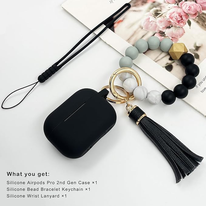 Compatible with Airpods Pro 2nd Generation Case Cover 2022, Soft Silicone Protective Cover with Bracelet Keychain for Apple Airpods Pro 2 Case for Women (Black)