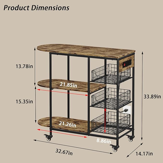 LINZINAR Kitchen Bakers Rack with Power Outlet Coffee Bar Table 3 Tiers Microwave Oven Stand with Wheels Pull-Out Wire Basket Kitchen Storage Shelf Rack for Spices Pots and Pans (Black, 3Tier)