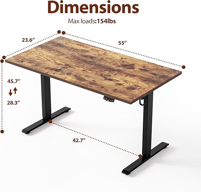 Height Adjustable Electric Standing Desk, 55 x 24 Inches Stand Up Desk, Ergonomic Raising Computer Table with Memory Preset Button, Two-Piece Desktop, Rustic Brown