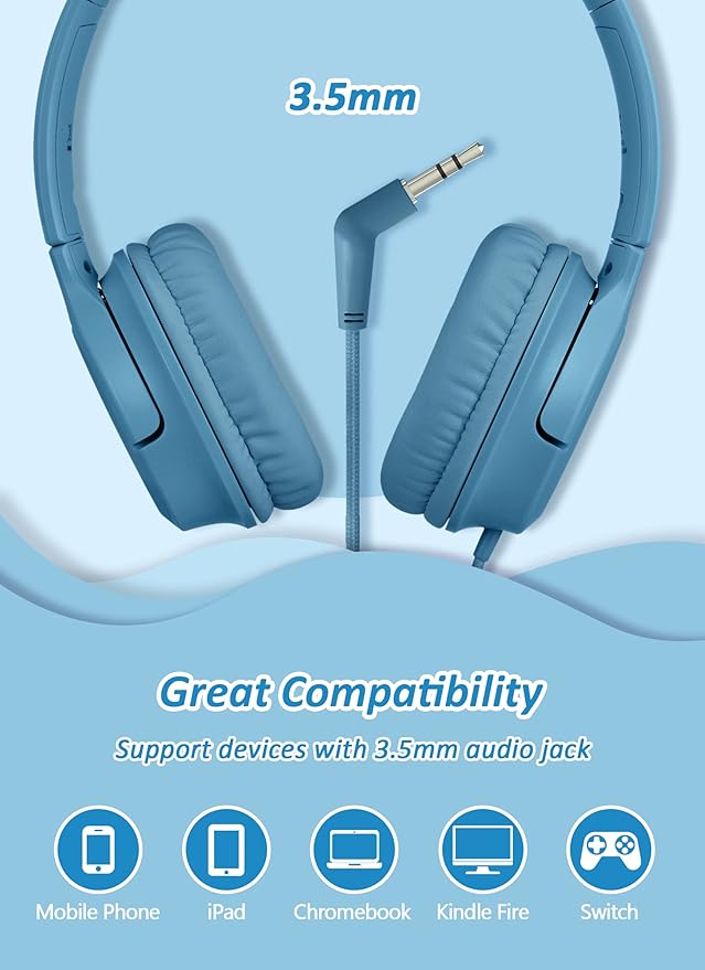 DyBaxa Kids Headphones Wired, Foldable On Ear Headset, Volume Limiter 94dB, Over-Ear Headphones for Kids School Online Classes Travel Children, 3.5mm Jack Compatible Smartphones Tablet, Dark Blue