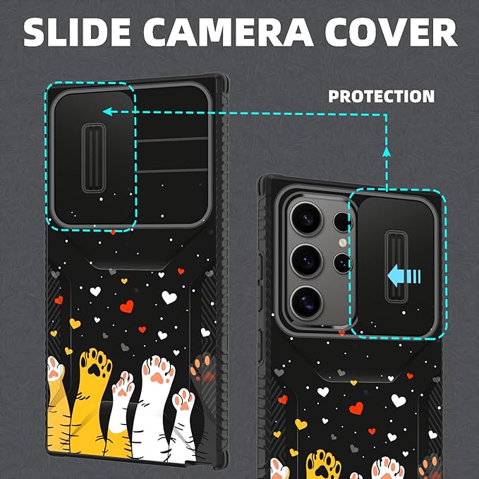 for Galaxy S24 Ultra Case Built in Slide Camera Lens Cover,Heavy Duty Shockproof Protection Dual Layer Case for Samsung Galaxy S24 Ultra 6.8" 2024,Cute Cat Paw Heart