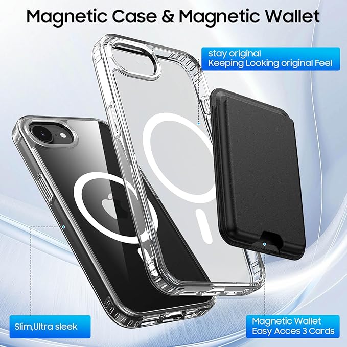 Magnetic for iPhone 17e Case & iPhone 16e Case Clear with Black Detachable Wallet, Compatible with MagSafe, Military Protective Slim Phone Cover with Card Holder