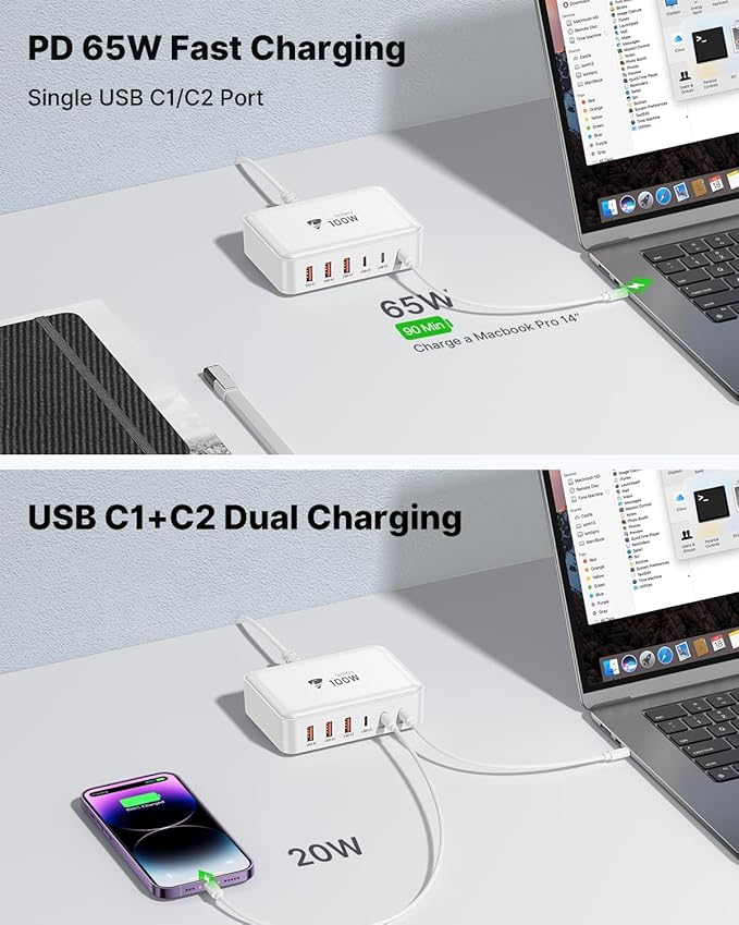 100W USB C Fast Charger Station 6 Ports (One Port 65W Max) Charging Block for Multiple Devices USB Wall Plug Charger Block for iPhone, iPad, Samsung, MacBook, Tablet, Laptop, 5FT Cord