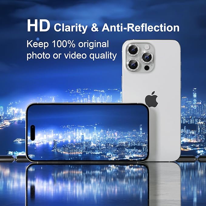 Misea Compatible for iPhone 16 Pro/iPhone 16 Pro Max Camera Lens Protector Bling, 9H Tempered Glass Camera Cover Screen Protector Metal Individual Ring Protector Decoration Accessories, Silver Glitter