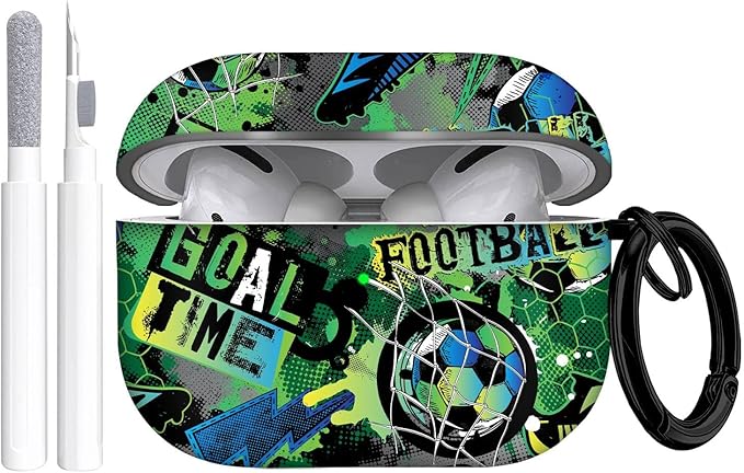 for Airpods Pro Case, Cute Cool Football Pattern TPU Soft Cases for Airpods Pro Case 1st Gen, Shockproof for Airpods Pro 2019 Case Men Women with Cleaner Kit & Keychain, Green
