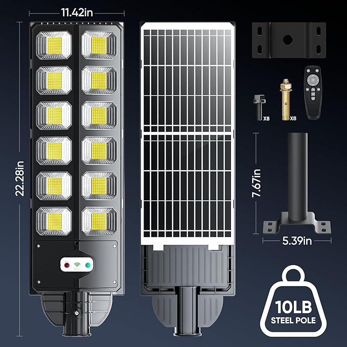 Solar Street Lights Outdoor Waterproof, IP66 15000LM 6500K Solar Flood Lights Dusk to Dawn Wide Angle Motion Sensor and Remote,Upgrade Fixing Rod (4 Pack)