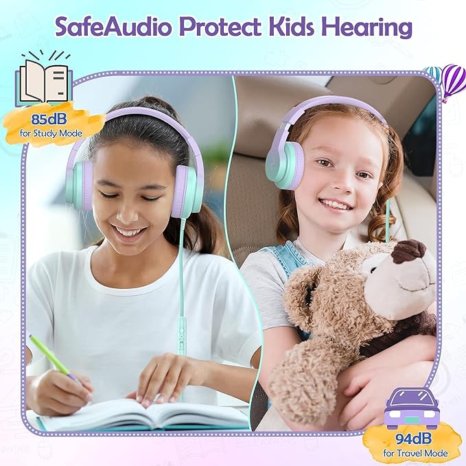 Kids Headphones, Wired Headphones for Kids Over Ear with Microphone, 85/94dB Volume Limiter Headphone for Girls Boys, Foldable Headphone for Learning & Entertainment,Gradient Purple
