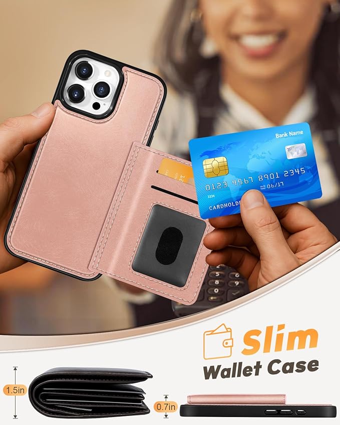 for iPhone 15 Pro Case with Wallet - Fits 4 Card Slots, Compatible with MagSafe for Women Aesthetic Durable PU Leather Credit Card Holder Kickstand Phone Cover for Apple 15 Pro, Rose Gold