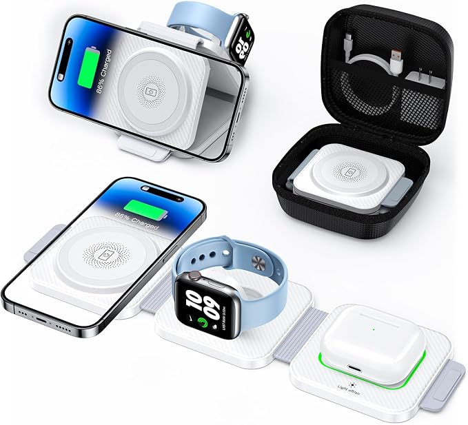Travel Essentials 3 in 1 Charging Station Dual Magnetic Wireless Charger for iPhone 17/16/15/14/13/12 Series and Apple Watch, Portable Charger for iPhone Watch and Airpods 4/3/2/Pro