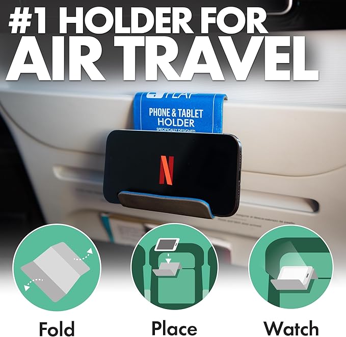 Airplane Phone Holder, Flexible Cell Phone Holder, Folding Cellphone Stand for Desk, Bed, Office, Treadmill - Airplane Gadgets for Long Travel Accessories - Plane Essentials (Blue)