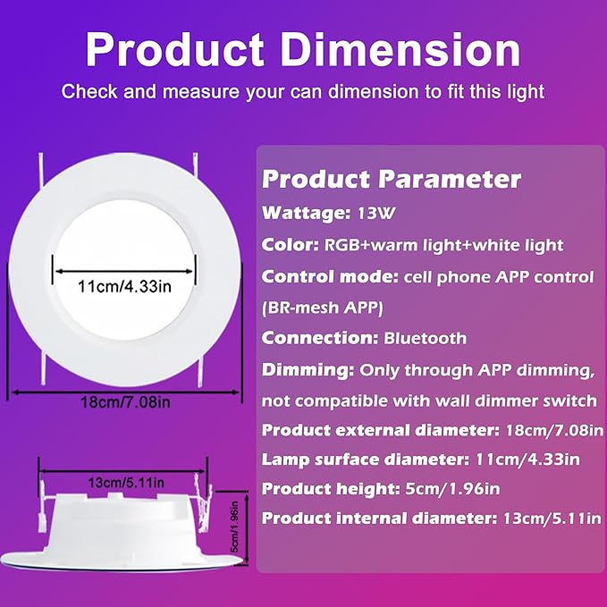 Color Changing LED Can Lights,12Pack Retrofit LED Recessed Lighting 5/6inch,13W 1050LM Smart Recessed Can Lights,Compatible with Alexa,Bluetooth APP Control,for Bedroom Kitchen Living Room