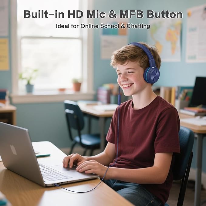 SIMOLIO Wired Kids Headphones for School with Microphone, Volume Limiting & Noise Cancelling PC Headset with Cord, Plug in Headphones for Tablet, Laptop (Navy Blue)