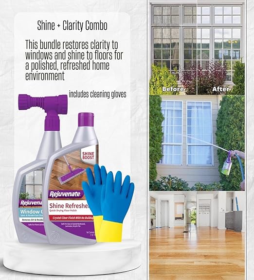 Window Cleaner Spray 32 oz Liquid + Semi-Gloss Floor Polish Bundle with Cleaning Gloves – Removes Outdoor Residue and Refreshes Sealed Floors with Shine Protection – Gift Set (3 Items)
