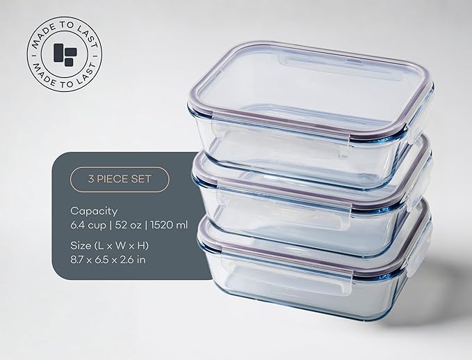 Glass Food Storage Containers | 3 Pack Large Set 52oz/6.4 cup | BPA-Free Airtight LeakProof Lid | Glass Food Containers | Glass Containers with Lids | Oven, Freezer & Dishwasher Safe