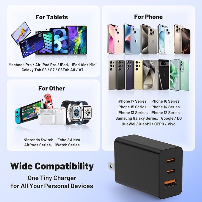 USB C Charger Block, 100W GaN 3-Port Super Fast Charging Station Hub,USB C Multi Wall Cube Plug,65W Type C Power Adapter Brick Box for MacBook Pro/Air,iPad,Apple iPhone 17 16 15 Pro Max,Samsung Galaxy