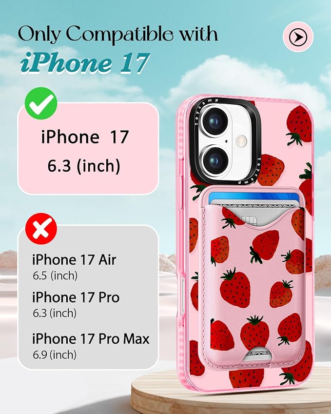 Toycamp for iPhone 17 Case - Compatible with Magsafe Credit Card Holder Wallet Magnetic Cute Women Teen Girls Kawaii Girly Unique Strawberry Design Phone Cover for Apple 17 Air