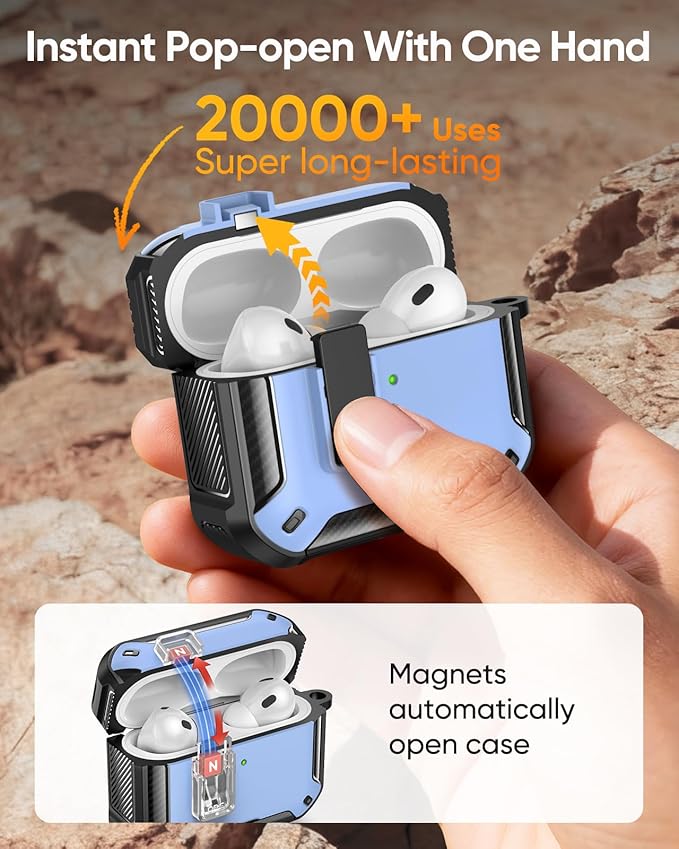MoKo for AirPods Pro 3 Case with Lock 2025 - Compatible with MagSafe, Phone Stand & Auto Pop-up for AirPods Pro 3rd Generation Case, Military-Grade Protective Cover with Cleaner Kit, Light Blue+Black