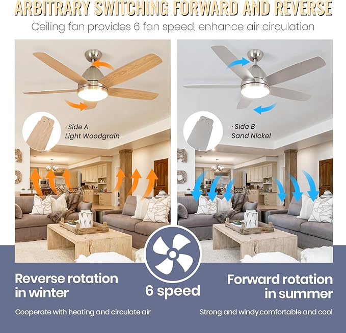Smart Ceiling Fan with Light, Modern Nickel 52-Inch Outdoor Ceiling Fan and Remote/App, Dimmable Tri-Color LED and Reversible Motor for Indoor Bedroom/Outdoor Covered Patio