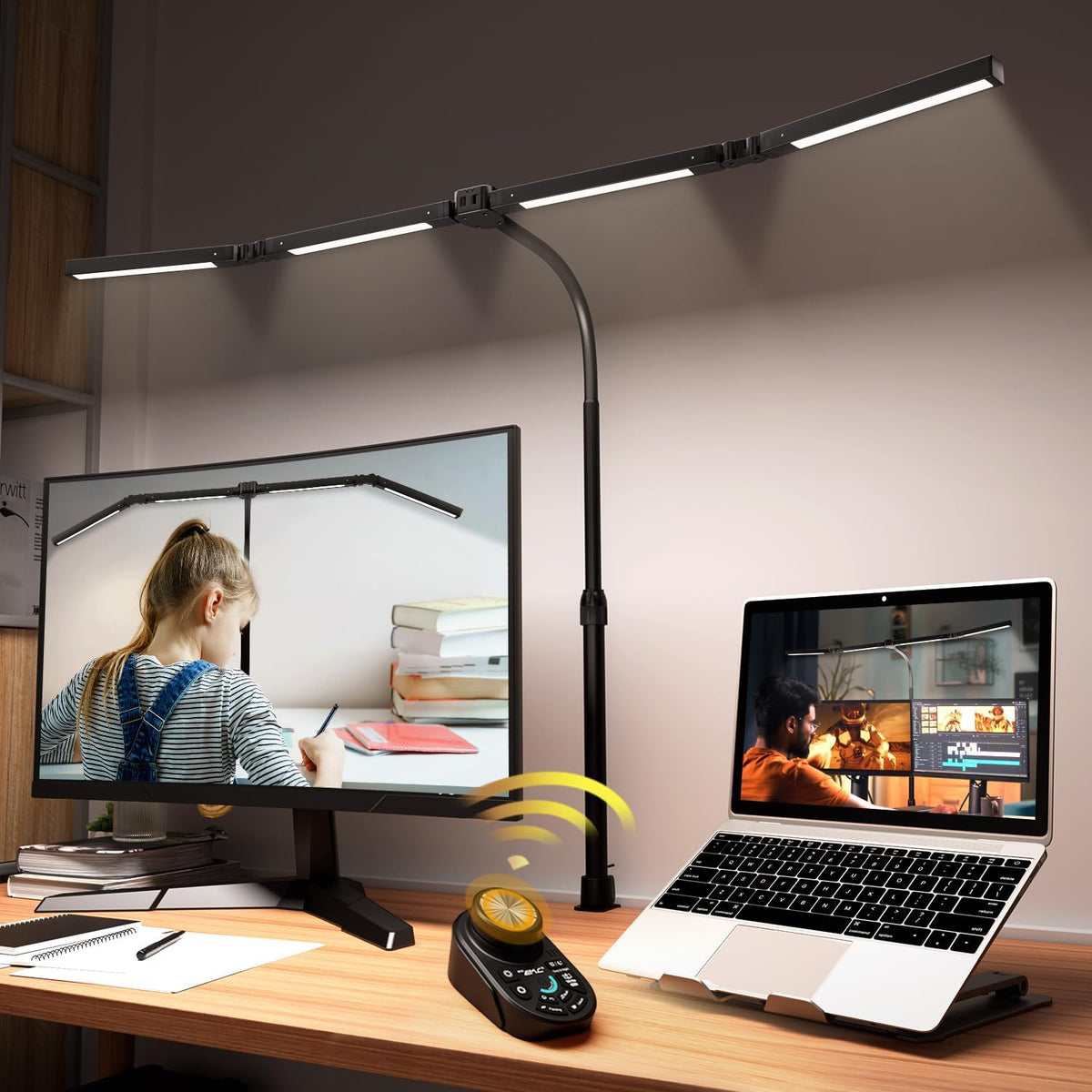 Adjustable LED Desk Lamp with Clamp & Remote, Wide 4-Head