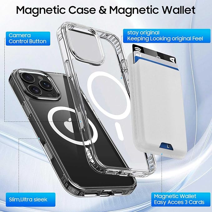Magnetic for iPhone 16 Pro Clear Case with White Detachable Wallet, Compatible with MagSafe, Credit Card Holder with Slim Shockproof Protective Phone Cover