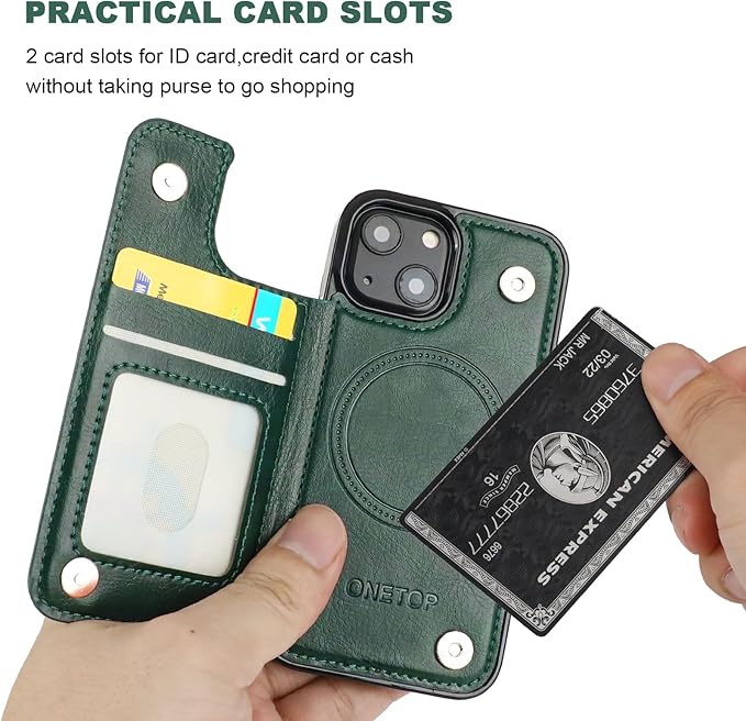 ONETOP Compatible with Magsafe for iPhone 13 Mini Wallet Case with Card Holder, PU Leather Kickstand RFID Blocking Case, Double Magnetic Clasp and Durable Shockproof Cover 5.4 Inch (Green)