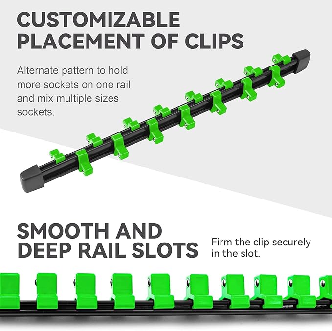 ALOANES 6PC ABS Socket Organizer, Socket Rails Fit 3/8 inch Drive, Heavy Duty Socket Holders Hold up to 90 Sockets, Black Rails with Green Clips