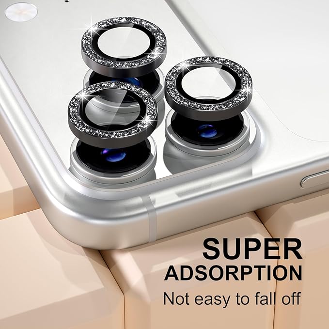 Misea Compatible for iPhone 17 Pro/iPhone 17 Pro Max Camera Lens Protector Bling, 9H Tempered Glass Camera Cover Screen Protector Metal Individual Ring Decoration Accessories, Black Glitter