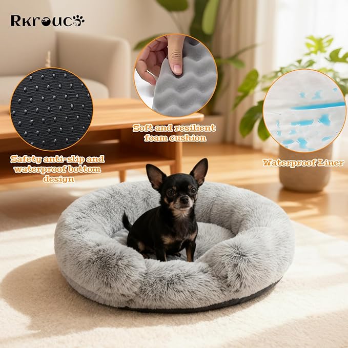 Fluffy Dog Bed Calming Donut Beds for Large Dogs Warming Round Small Medium Pet Nest Cozy Cat Mattress Indoor Washable Puppy Kennel Kittens Sleep Mat (XS, 20×20 inch, Gradient Gray)