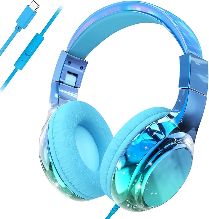 QearFun USB C Kids Headphones Wired with Mic, 85/94dB Safe Volume Limit, Foldable Over Ear, Tangle-Free Cord & Sharing Port, Wired On-Ear Headset for School, Chromebook, Tablet, Travel-Boys & Girls
