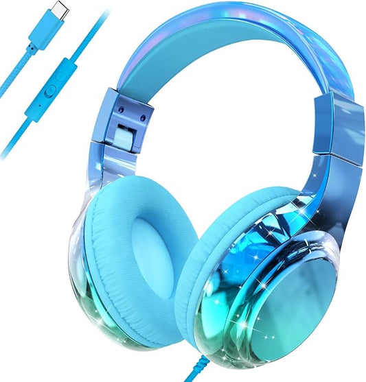 QearFun USB C Kids Headphones Wired with Mic, 85/94dB Safe Volume Limit, Foldable Over Ear, Tangle-Free Cord & Sharing Port, Wired On-Ear Headset for School, Chromebook, Tablet, Travel-Boys & Girls