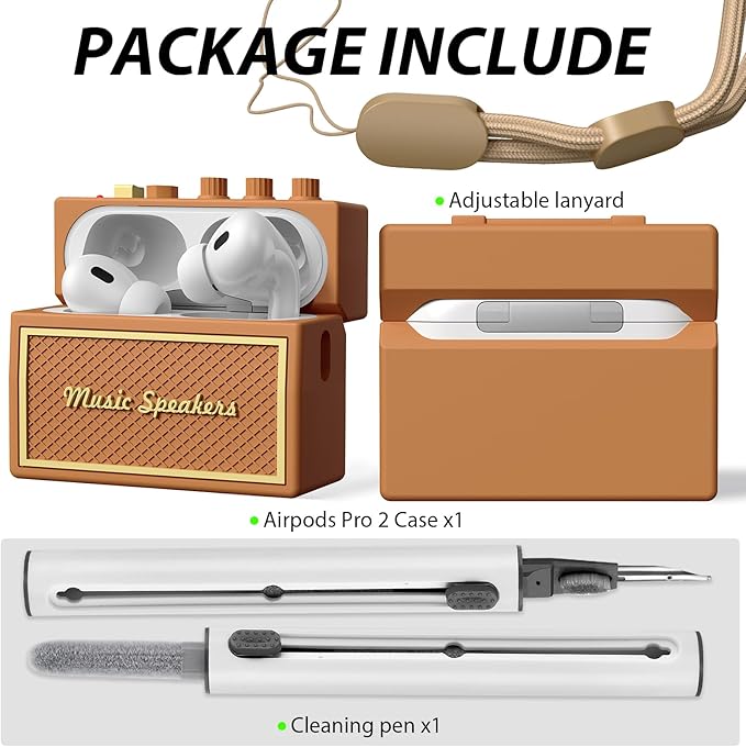 FILOTO AirPods Pro 2nd Generation Case Cover with Cleaner Kit, Airpod pro case Guitar amp Retro Audio Design Soft Silicone Protective Cover for AirPods Pro 2 Case with Lanyard (2023/2022) Brown