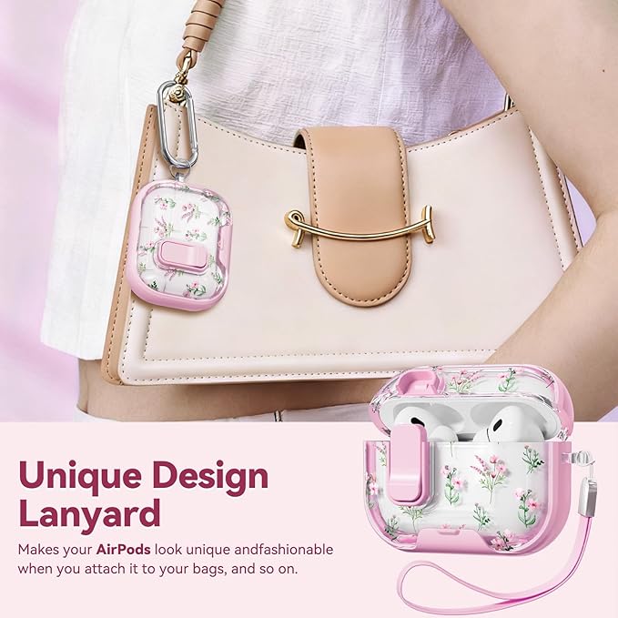 with Safety Lock for AirPods Pro 2nd 1st Generation Case Cover,Clear Floral Cute AirPods Pro 2 Case with Phone Stand & Cleaning Kit for AirPod Pro Case for Women Girly-Pink Narcissus