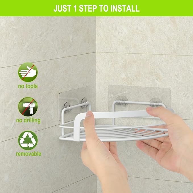 STEUGO 2-Pack Corner Shower with 4 Hooks Adhesive, Bathroom Shower Rack Rust Resistant SUS304 Stainless Steel for Dorm Bathroom Kitchen Storage (White)