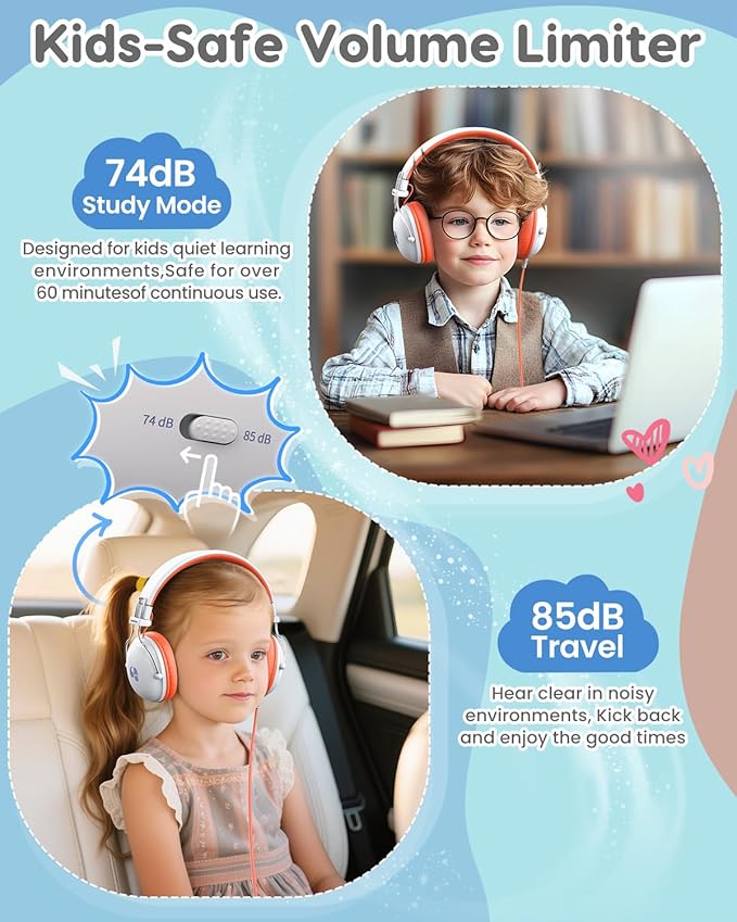 Kids Headphones, 74/85dB Safe Volume Limit, Stereo Sound, Wired On-Ear Headphones for Kids Boys Girls, 3.5mm Jack for Tablet, iPad, Kindle, YOTO Player, Airplane Travel, White