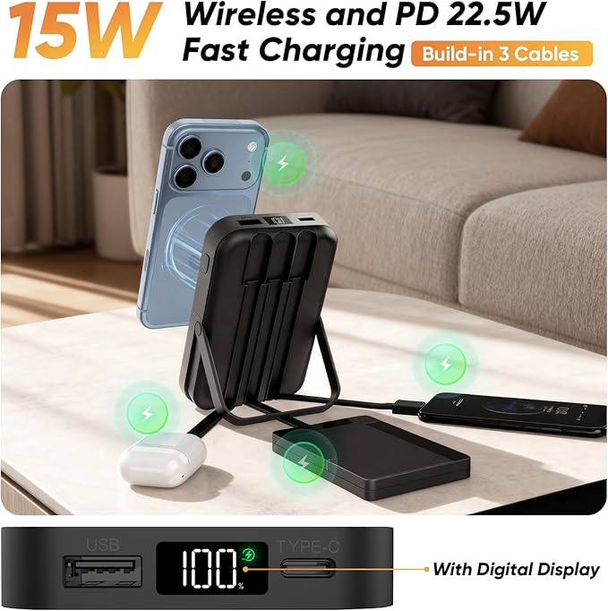 Power Bank 10000mAh Compatible with MagSafe, Magnetic Portable Charger with Digital Display, 15W Wireless Fast Charging, Built-in 3 Cables Compatible with iPhone 17/16/15/14/13/12 Series (White)