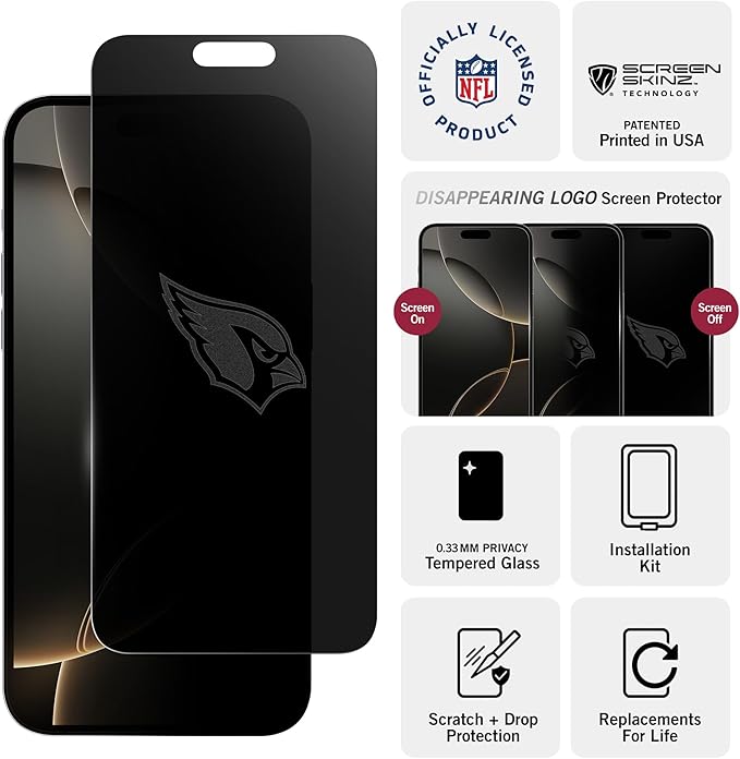 NFL Arizona Cardinals Privacy Screen for iPhone 13,14, and 13 Pro - with Disappearing Logo - Scratch-Resistant and Easy-to-Install Screen Protectors (Includes Installation Tray)